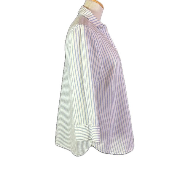 Chico's Size 1.5 (US 10) No-Iron Button-Up Shirt Striped Blue White Linen - Picture 8 of 11